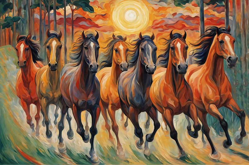 Abstract Seven Horses Painting with Sunrise – Vastu Artwork for Growth & Vitality